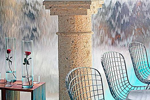 线,椅子,玫瑰,玻璃花瓶,桌子,石头,柱子,正面,墙壁,瀑布