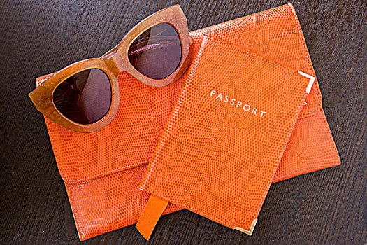 俯视,橙色,包,护照,墨镜