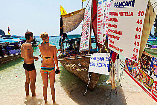 长尾船,停泊,海滩,传统,泰国食品