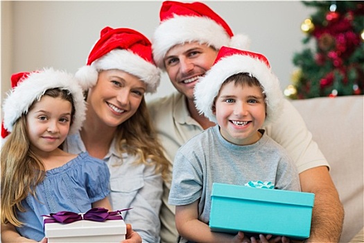 家庭,穿,圣诞节,帽子,拿着,礼物
