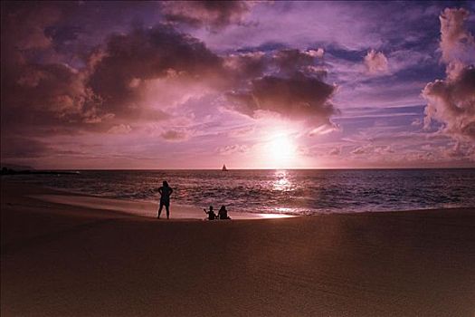 夏威夷,瓦胡岛,北岸,剪影,人,站立,海滩,日落