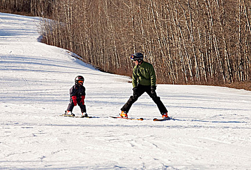父亲,教,孩子,儿子,滑雪,赤鹿,艾伯塔省,加拿大