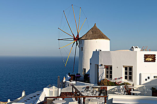 风车,风景,爱琴海,早晨,亮光,圣托里尼岛,基克拉迪群岛,爱琴海岛屿,希腊