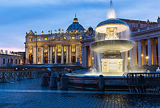 圣彼得大教堂,广场,喷泉,光亮,黄昏,梵蒂冈城,罗马,意大利