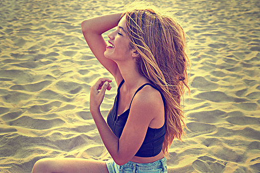 金发,少女,头像,夏天,海滩,沙子,侧视图