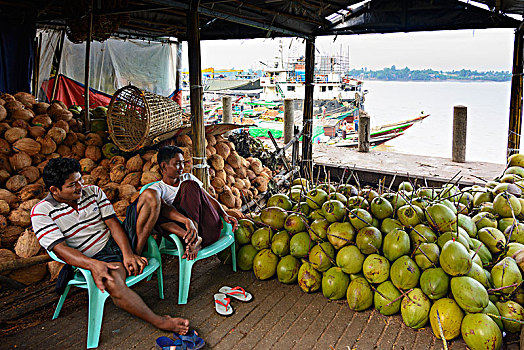 仰光,椰子,批发,市场,河,区域,缅甸