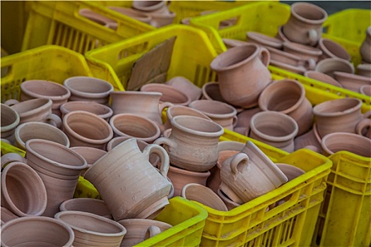 乡村,手制,陶瓷,粘土,褐色,赤陶,杯子,纪念品,街道,工艺品,市场,突尼斯