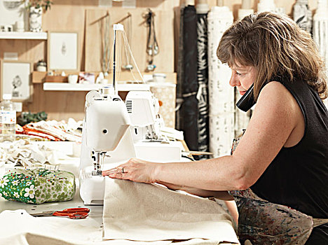 女人,缝纫,纺织品,工作间