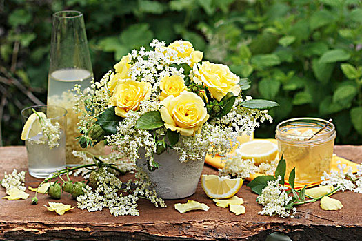 花瓶,黄色,玫瑰,接骨木