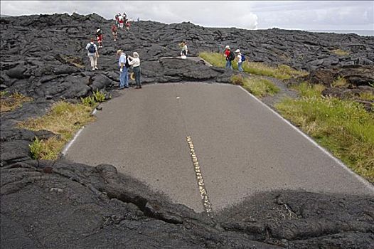 游客,远足,上方,火山岩,夏威夷,美国