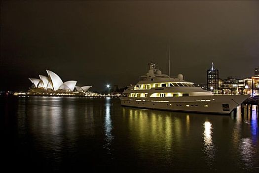 澳大利亚,悉尼,夜景,看,悉尼港,剧院,大,游艇,前景