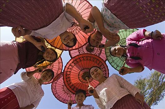 仰视,年轻,缅甸,女人,色彩,伞,蒲甘