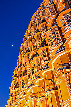 建筑,风之宫,风宫,黄昏,月亮,斋浦尔,拉贾斯坦邦,印度,亚洲
