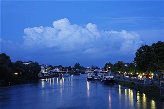 多瑙河,夜光,雷根斯堡,巴伐利亚,德国
