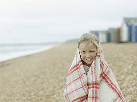 女孩,毯子,海滩