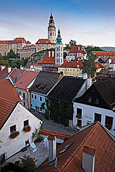 俯视,城市,屋顶,塔,教堂,捷克,克鲁姆洛夫,城堡,背景