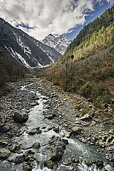 水,河床,积雪,山,香格里拉,云南,中国