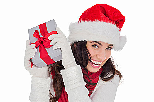 高兴,黑发,圣诞帽,拿着,礼物