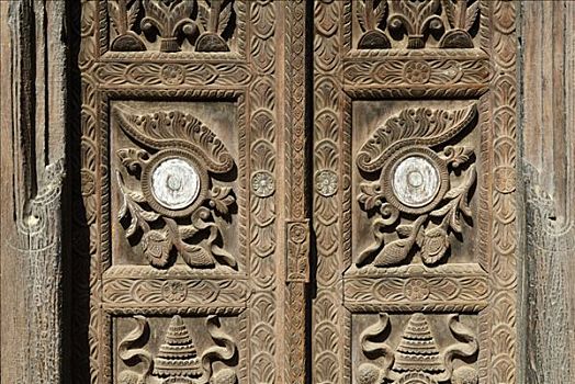雕刻,木门,老城,巴克塔普尔,加德满都山谷,尼泊尔