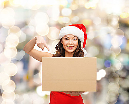 圣诞节,冬天,休假,递送,人,概念,微笑,女人,圣诞老人,帽子,包裹,盒子,上方,背景