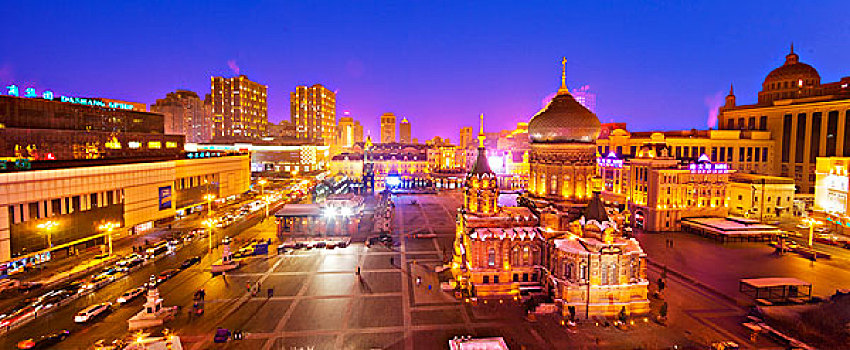 索非尔教堂,广场,晚上,城市,黑龙江,哈尔滨