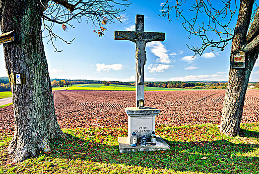 路边,十字架,秋天,风景,自然,弗兰克尼亚,巴伐利亚,德国