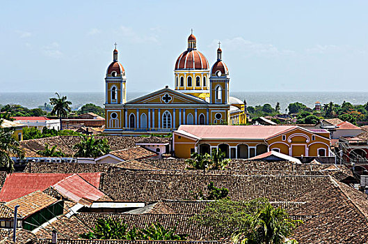 教堂,上方,屋顶,大教堂,正面,湖,尼加拉瓜,格拉纳达,西班牙,中美洲