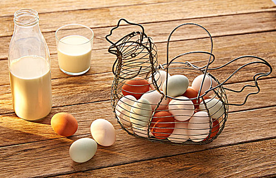 蛋,牛奶,旧式,母鸡,形状,篮子,木头,蓝色,复活节,白色,褐色