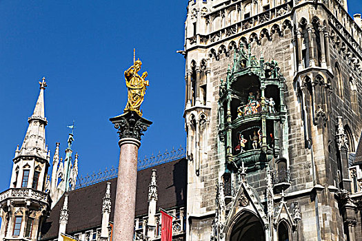 玛利亚广场,城市,钟琴,柱子,慕尼黑,上巴伐利亚,巴伐利亚,德国,欧洲