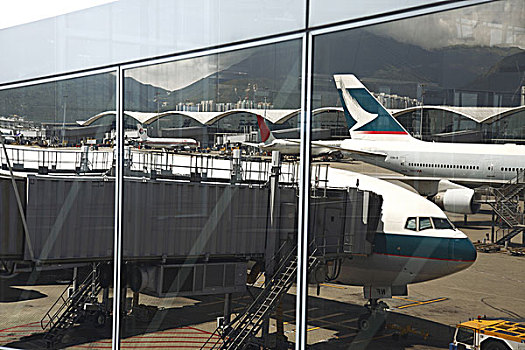 中国,香港国际机场,反射,太平洋,飞机,停靠,航站楼