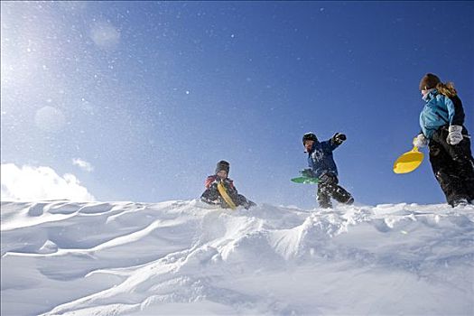 挪威,特罗姆瑟,孩子,朋友,包着,向上,防护,寒冷,享受,玩,初雪