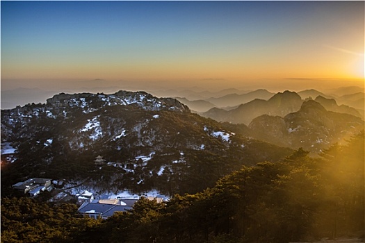 夕阳,冬,黄山,鸟瞰,天际