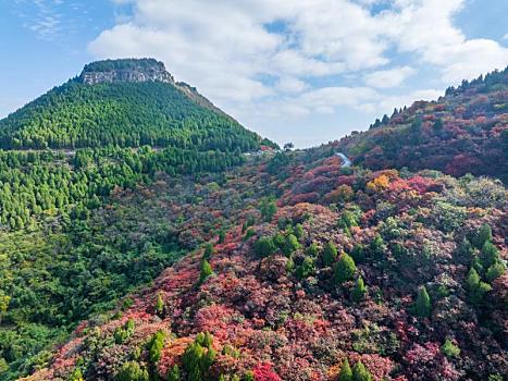 航拍济南彩石劈山红叶