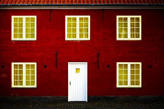 正面,老,红色,建筑,哥本哈根,丹麦,欧洲