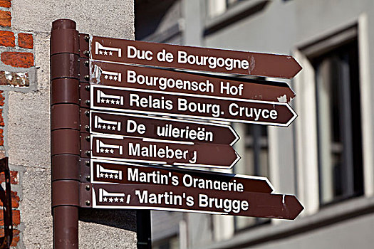 标识,指示,路线,多样,酒店,老城,布鲁日,世界遗产,西佛兰德省,佛兰德地区,比利时,欧洲