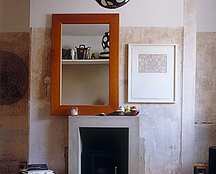 镜子,木框,高处,壁炉架