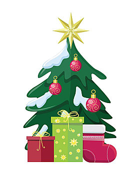 圣诞节,概念,矢量,设计,插画,圣诞树,雪中,泡泡,玩具,星,礼盒,礼物,大,袜子,圣诞袜,新年,庆贺,白色背景,风格