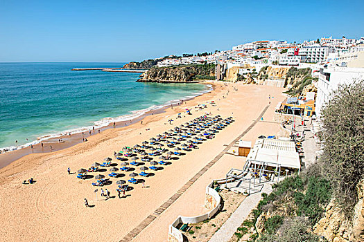 海滩,伞,沙滩椅,阿尔布斐拉,阿尔加维,葡萄牙,欧洲