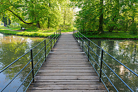 桥,春天,公园,阿沙芬堡,弗兰克尼亚,巴伐利亚,德国