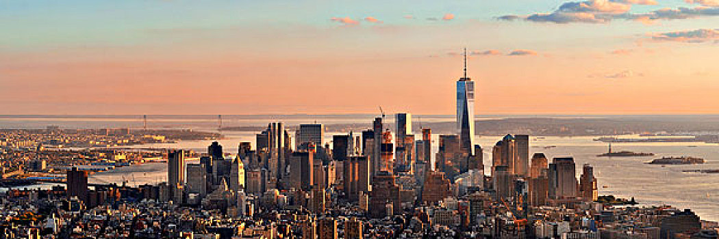 纽约,市区,天际线,全景,日落