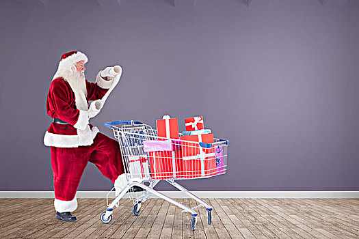 合成效果,图像,圣诞老人,递送,礼物,手推车,房间,木地板