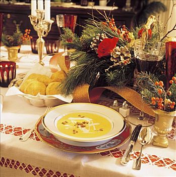 装饰,圣诞桌,南瓜汤