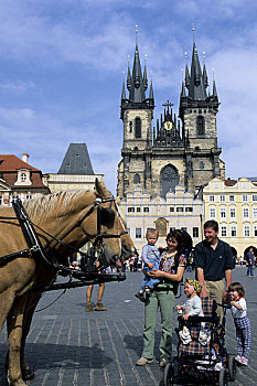 捷克共和国,布拉格,老城广场,哥特式,泰恩教堂,马,家庭