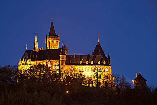 光亮,城堡,黄昏,哈尔茨山,区域,萨克森安哈尔特,德国,欧洲