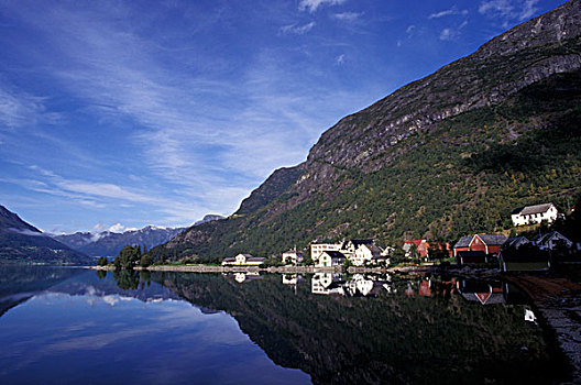 欧洲,挪威,山,房子,反射,清晰,水,峡湾