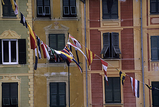 意大利,波托菲诺,彩色,房子,航海,旗帜
