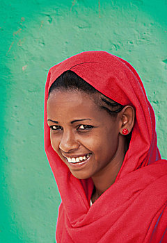 头像,阿姆哈拉族,女人,戴着,红色,围巾,埃塞俄比亚,非洲