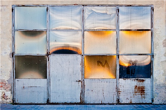 老,金属,玻璃,仓库,门,太阳,反射