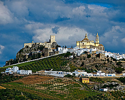 白色,城镇,普韦布洛,教堂,摩尔风格,城堡,遗址,奥维拉,卡迪兹,安达卢西亚,西班牙,欧洲