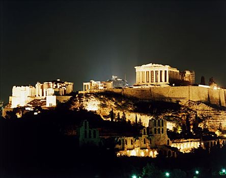 希腊,雅典,卫城,夜晚